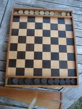 Ancien Jeu de Société Plateau jeu de Dames & Echec en Bois Recto - Verso