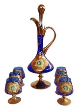 Ancien Service Verres + Carafe Verre Murano 7 Pièces Décor peint Main Gold 18 K