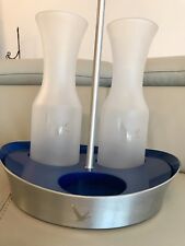 Grey Goose Branded (2)Frosted Glass Carafes, W/ 3 Carafe Hole Holder Carrier Set