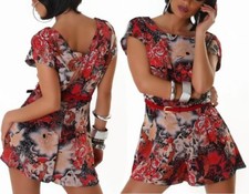 Sexy Femmes Court Combinaison Short Hotpant Pantalon Une Ceinture XS 34 Rouge