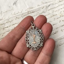 Grande Médaille Religieuse Ancienne Argent Massif Anges Calice Daté 1900 Silver