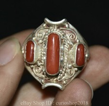 2.5 cm Old Chinese Silver Inlay Red Gem Dynasty Flower finger Ring Rings