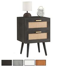 Table de nuit chevet vintage en bois de paulownia et lin avec 2 tiroirs