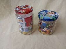2 POTS EN VERRE AVEC COUVERCLES ET DECORS MICKEY MINNIE DISNEY 12 ET 9 CM