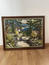 Tableau Vintage Broderie Au Point De Croix - Paysage Méditerranéen