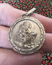 French 1⅛” Sterling Silver Medal St Christopher Travelers Pendant Necklace Heavy