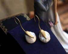 Boucles d'oreilles Crochet Long Art Nouveau Pétale Vraie Perle Baroque DZ2