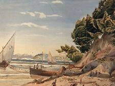 Très Beau Dessin 1848 Pays Basque ? Peinture Gouache Papier Pêche Bateau Océan