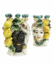 Couple Têtes De Moro Re Et regina Citrons en Céramique Sicilienne Caltagirone 20