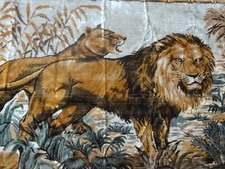 Tapis Mural Velour - tapisserie tenture ancienne Lion et Lionne
