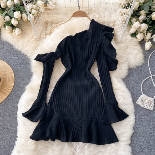 Robe tricotée noire volant - robe,