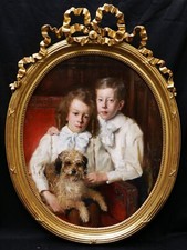 Lucien Hector JONAS tableau portrait enfants frère soeur chien huile toile ovale