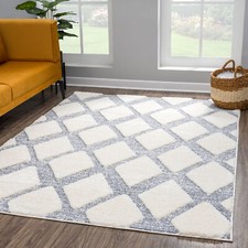 Tapis Salon Scandinave - Boho - Crème Gris - Poils Longs - Rugueuse Motif