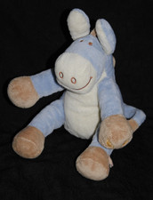 Doudou âne NOUKIE'S NOUKIES NOUKY Paco bleu blanc peluche 21 cm assis TTBE