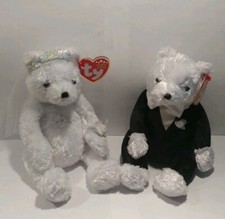Ty Beanie Babies 2002 "Bride and Groom" Wedding Bears Tuxedo & Veil Retired 