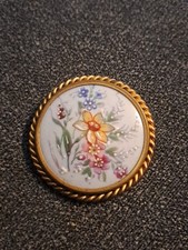 Broche Ancienne Porcelaine Emaux Limoges Entourage Laiton Art Déco Vintage 