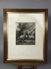 ÉCOLE DE BARBIZON CHARLES JACQUE Eau-forte 19e Cadre pitchpin LA FERMIÈRE