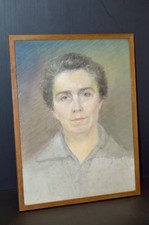 -DESSIN PASTEL ANCIEN FEMME ANNEES 40 Sous Verre Petit cadre bois non signé déco