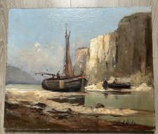 Beau Tableau Marine HST signée ALBERT HIRTZ (1898-1976) falaises bateaux