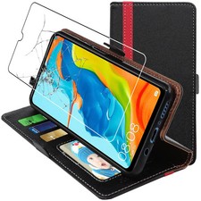 Coque Huawei P30 Lite 2019 Etui Portefeuille Housse  + VERRE Trempé, Noir/Rouge