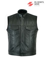 Gilet Homme Cuir Biker Gilet de Moto en Cuir Véritable Noir K10