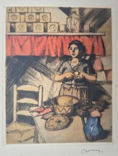 Armand COUSSENS "Peleuse de pommes de terre" Burin en couleurs 1927 signé
