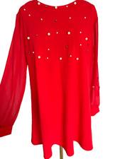 ROBE ROUGE PERLES HAUT DEVANT+MANCHES VOILE TISSAIA TAILLE 42 NEUVE