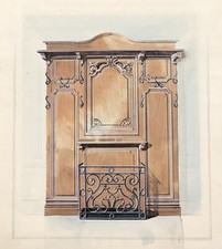 Aquarelle Ancienne Étude Mobilier Meuble Vestiaire Porte-Manteaux Parapluie