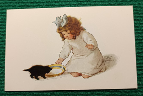 Cpa cats fille donnant du - cats,