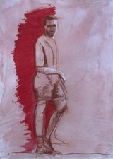 Tableau ancien composition mixte portait d'un joueur de foot sportif à attribuer