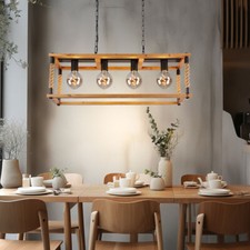 Lampe Bois Suspension Luminaire Réglable en Hauteur Campagne Chanvre LED