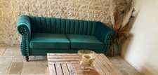 Canapé Chesterfield 3 places velours vert éméraude