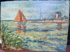 Tableau d'André Fraye, bateau à l'entrée du port de Honfleur, Normandie.