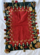 Antique French Victorian Handmade Felt Embroider Pom Pom Trim Table Runner c1890