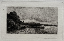Chaland bord riviere gravure - chaland,