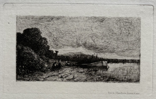 Chaland bord riviere gravure - chaland,
