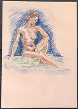 Grand Dessin Original Pastel Nu Féminin Jeune Femme Rousse Modèle Atelier #19