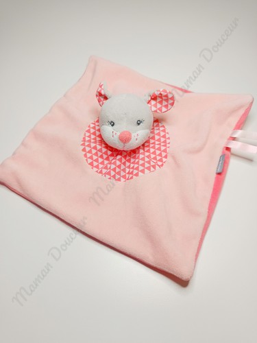 Doudou plat carré souris - doudou, rose