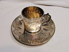 Tasse à café ancienne metal argenté style Louis XV avec sous-tasse