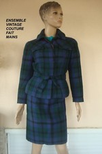 SUPERBE VESTE + JUPE VINTAGE COUTURE CREATEUR MAISON ECOSSAISE BLEU  T 36  
