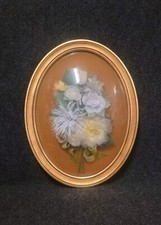 Grand Cadre Ovale Verre Bombé Bois Doré Composition Florale 70-80