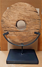 ANTIQUE ROUE EN BOIS DE CHARRETTE SOCLE EN METAL ET BOIS