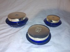 Vintage Lot 3 Ancien POT A COSMETIQUE en VERRE BLEU MONOGRAMME GG marque abeille