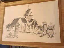 MAURICE MELISSENT ÉGLISE ST VIGOR D'YMONVILLE NORMANDIE DESSIN ORIGINAL 9X21 cm
