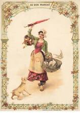 CHROMO #MK41285 AU BON MARCHE FEMME AVEC PARAPLUIE PANIER OISEAUX ET UN CHIEN