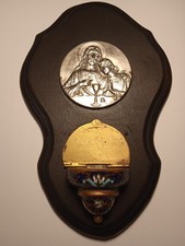 ANCIEN PETIT BENITIER  EMAUX CLOISONNES  SACRE COEUR DE JESUS XXe SIECLE