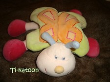 KIABI DOUDOU PELUCHE papillon, rose, ailes vertes oranges, 24 cm, TBE 