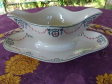 Saucière Sur Plateau Faience Longwy SFNGR Modèle Moselle Décor Floral Rouge Vert