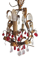 Lustre feuillage tôle dorée pampilles rouge Banci vers 1950 Vintage lamp