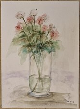 Aquarelle Originale Bouquet De Fleurs Dans Vase Haut Signée Fresco 